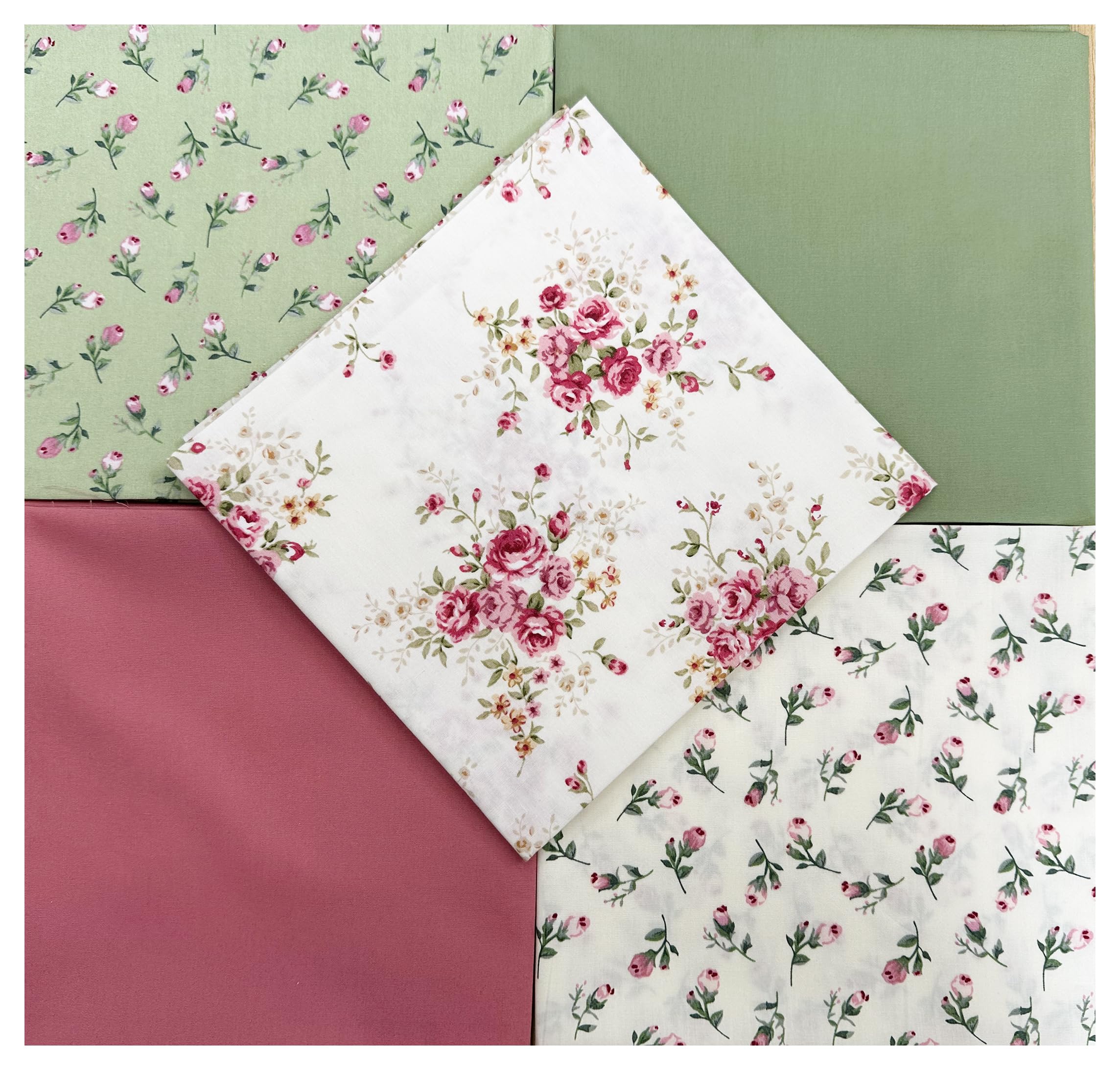 Glamour Secrets Pink Fat Quarter Bundle - Pretty & Green Rose Bud Floral Mix Bunting Craft Fabric Material