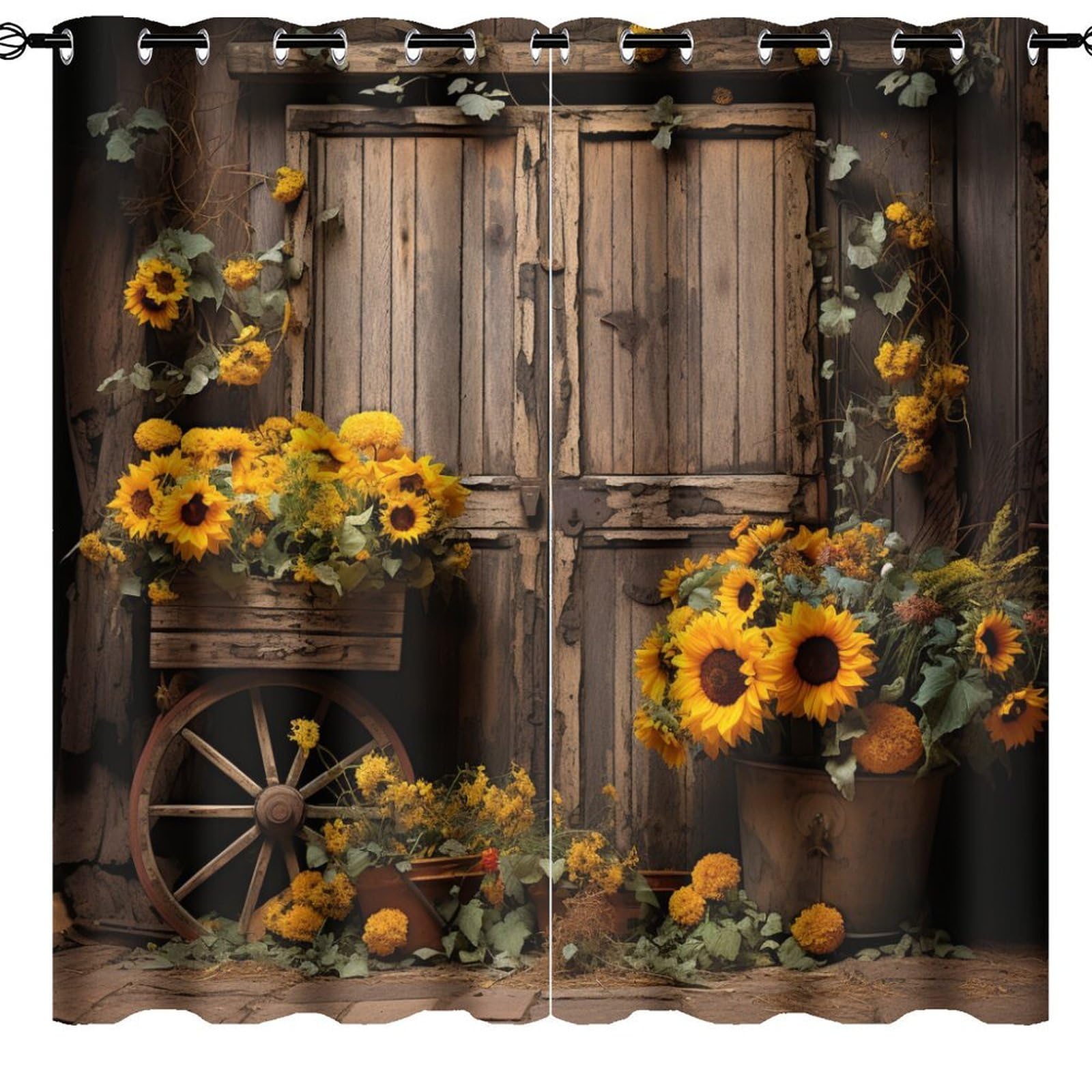 Rustic Barn Door Blackout Window Treatment Curtains Sunflower Wooden Door Darkness Drapes with Silver Grommet for Kids Bedroom Living Room W84 x L84 Inch