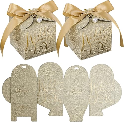 STARSUP - 50 cajas de regalo de boda, caja de regalo de dulces dorados, caja de papel con cinta y pin de perlas para decoración de boda, regalo