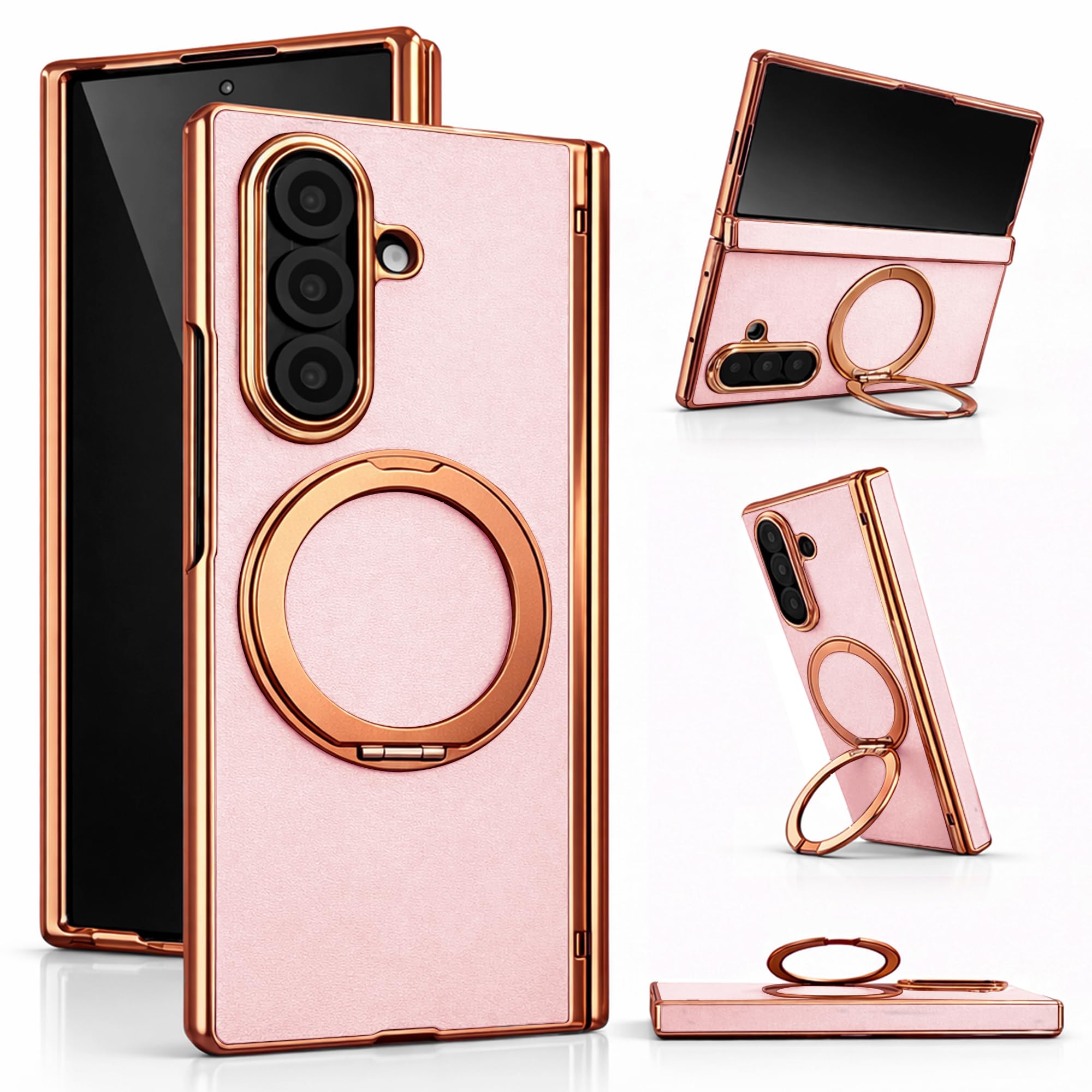Photo 1 of ZERUK Genuine Leather Case for Samsung Galaxy Z Fold 7, Slim MagSafe Compatible Cover with Hinge Protection, Military-Grade Drop Protection, 360° Rotating Magnetic Kickstand (Pink(Gold Trim))