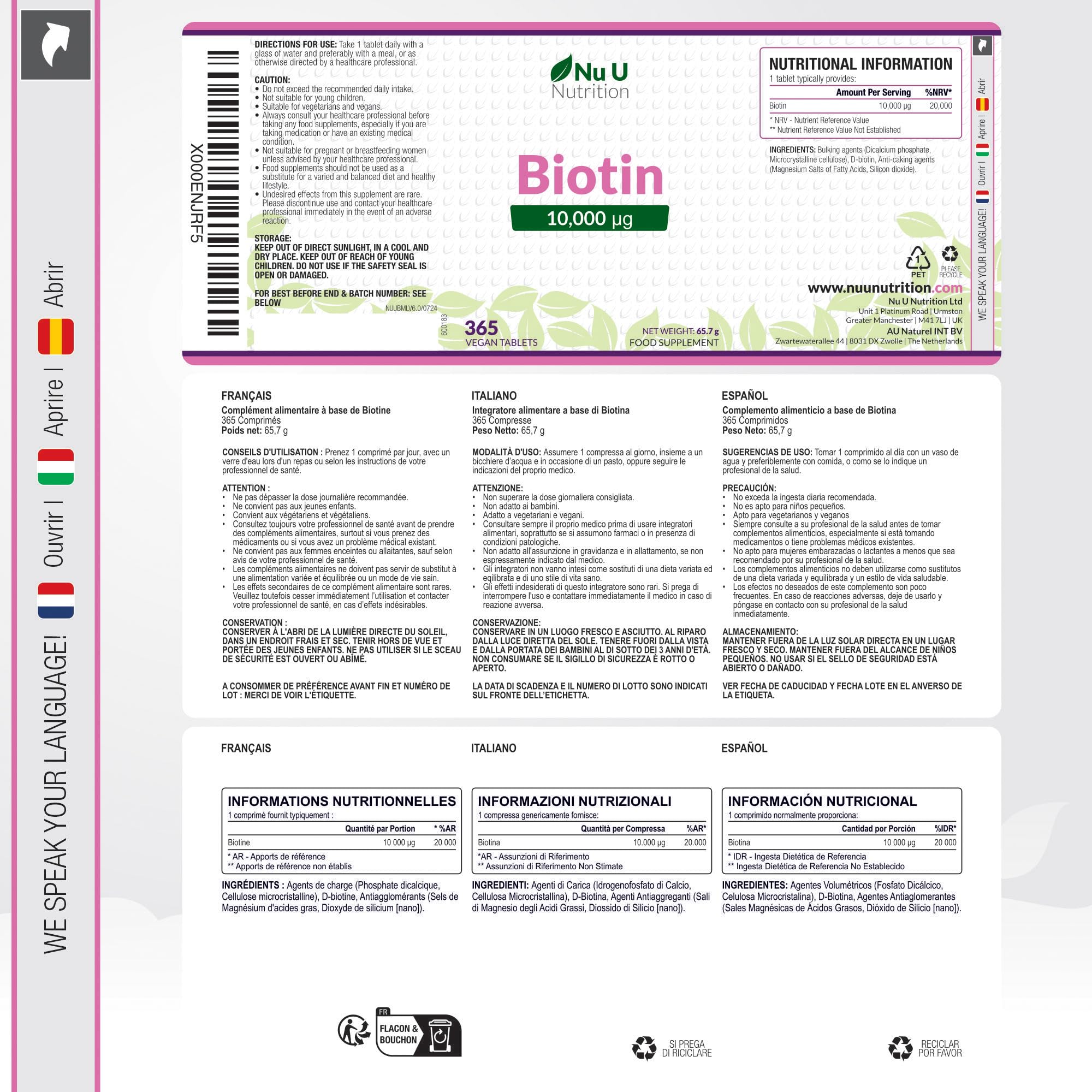 Biotina 10000 mcg - 365 Compresse Vegane - 1 Anno di Trattamento - Integratore per Crescita Capelli, Unghie & Pelle - Prodotto in Europa - Nu U Nutrition