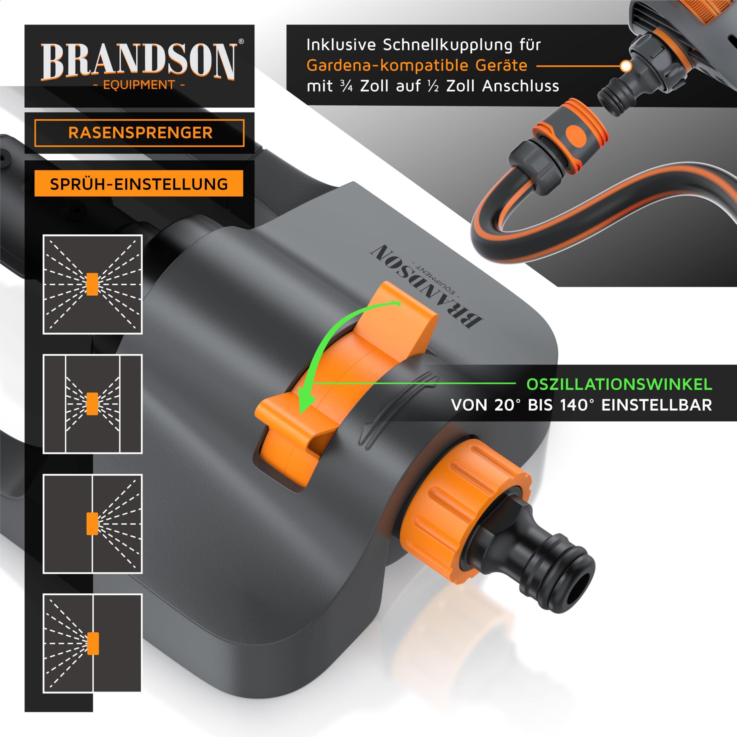 Brandson - Rasensprenger Viereckregner 3/4 Zoll – 17 Düsen (6 separat einstellbar) – für große Flächen – Oszillation 20° bis 140° – Sprengweite bis 15 m - Schnellkupplungsadapter - Garten Rasensprinkl
