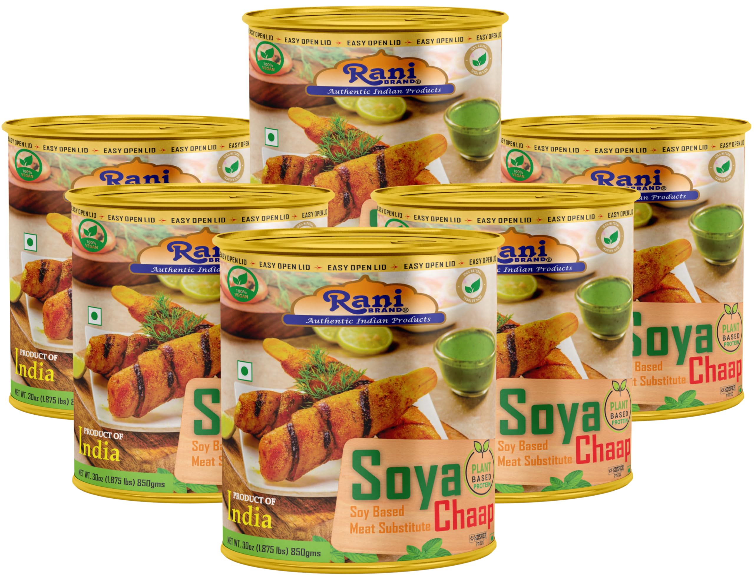 Rani Soya Chaap (Plant Based Protein) 30oz (1.875lbs) 850g, Pack of 6 ~ Easy Open Lid | All Natural | Vegan | No Colors | NON-GMO | Kosher | Indian Origin | Soy Based Meat Substitute