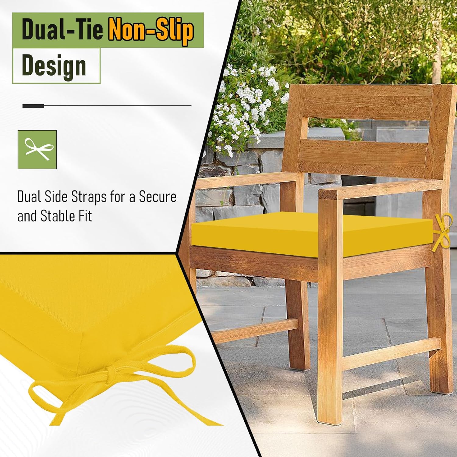 Basic Beyond Outdoor Chair Cushions Set of 6, Square Corner Outdoor Cushions for Patio Furniture, Water Resistant Patio Chair Cushions with 2 Ties, 18.5x16x3, Yellow Color
