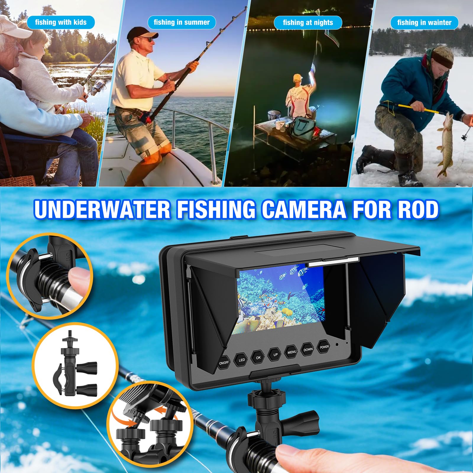 Fishfinder con Pantalla IPS de 4,3” Cámara de Pesca Submarina con Visión Nocturna, Localizador de Peces IP68 Impermeable, Batería 8500mAh, Portátil 1200TVL HD para Pesca en Hielo, Lago y Mar
