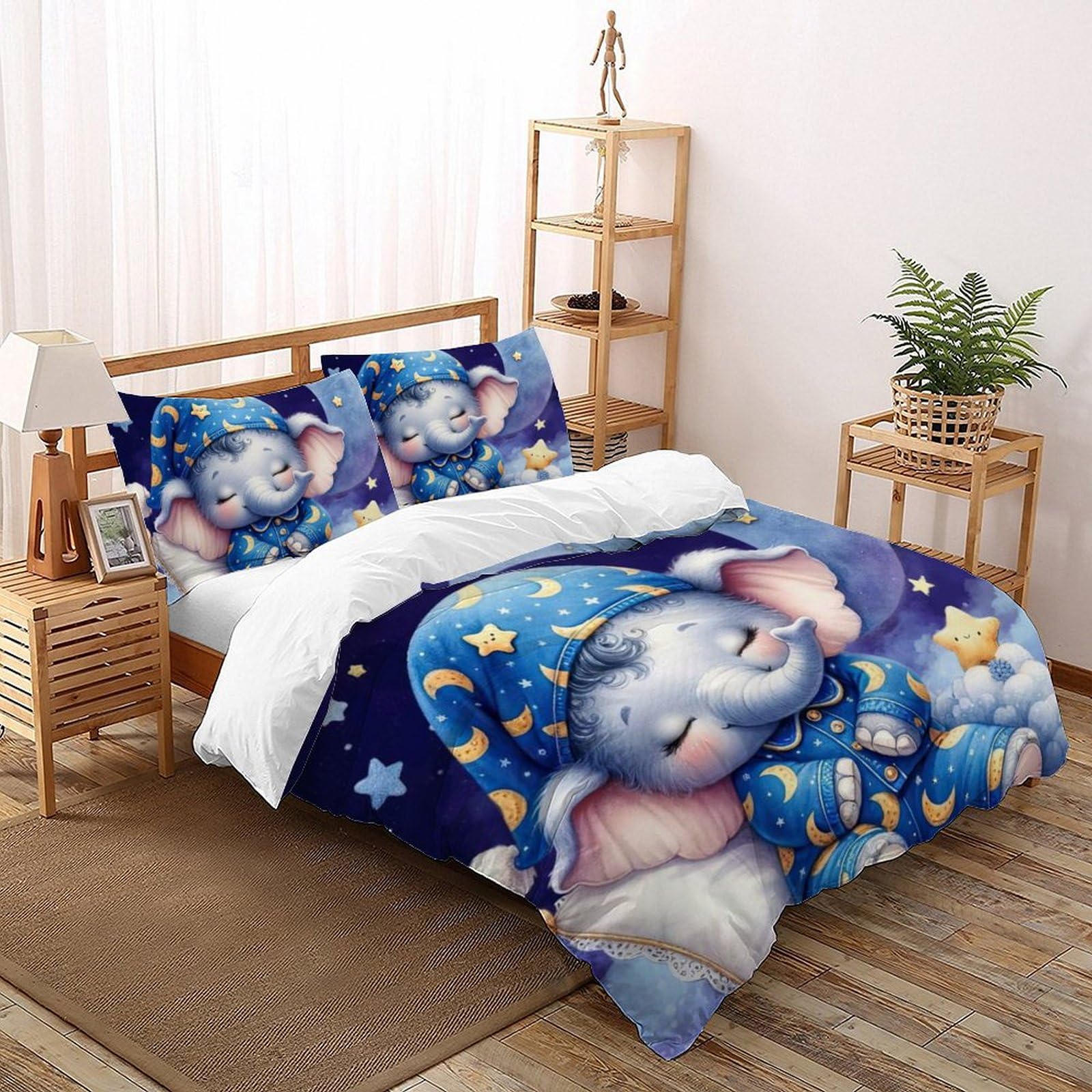 Housse de couette king lavable et anti-froissage à fermeture éclair avec imprimé éléphant 3D