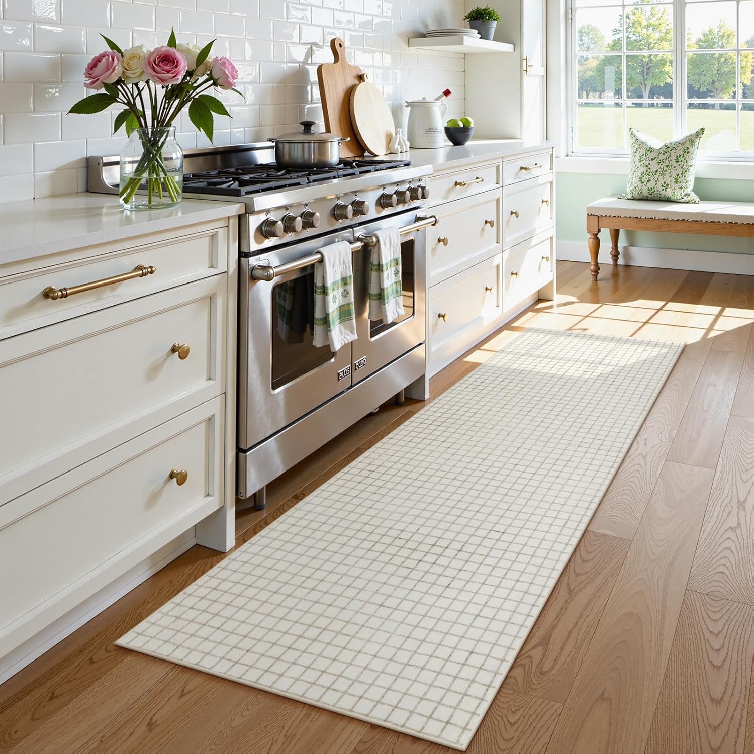 STARUIA Plaid Runner Rug Non Slip, 2x6 Washable Area Rugs Modern Neutral Runner Checkered Rug for Bedroom, Soft Low Pile Entryway Hall Carpet for Hallways Kitchen Laundry Living Room (Beige,2'x6') - Image 2