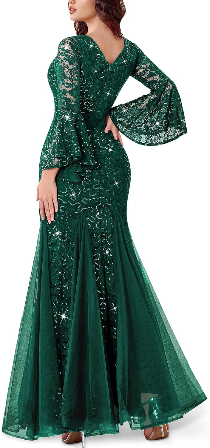 Miusol Women's Deep V Neck Sequin Lace Mesh Tulle Hem Formal Evening Maxi Dress - Image 2