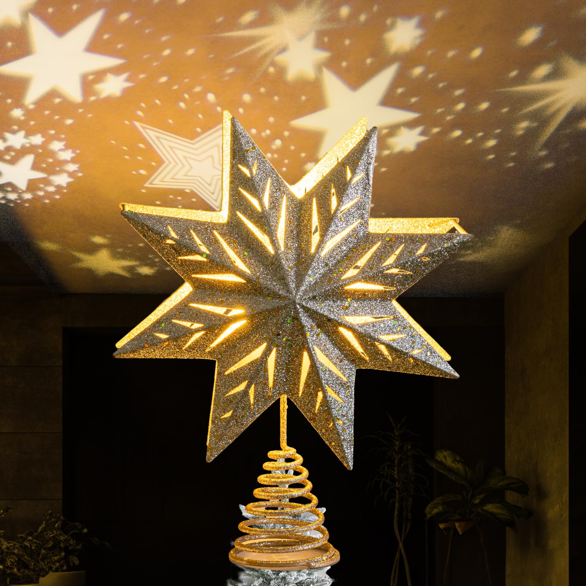 Dazzle Bright Christmas Tree Topper with LED Snowflake Projector Lights for Holiday Decorations (Gold)