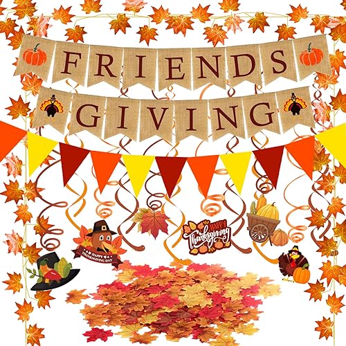 Famoby FRIENDSGIVING Burlap Banner Paper Triangular Bunting Maple leaf Garland Plastic Streamer for Thanksgiving Day Party Decoration