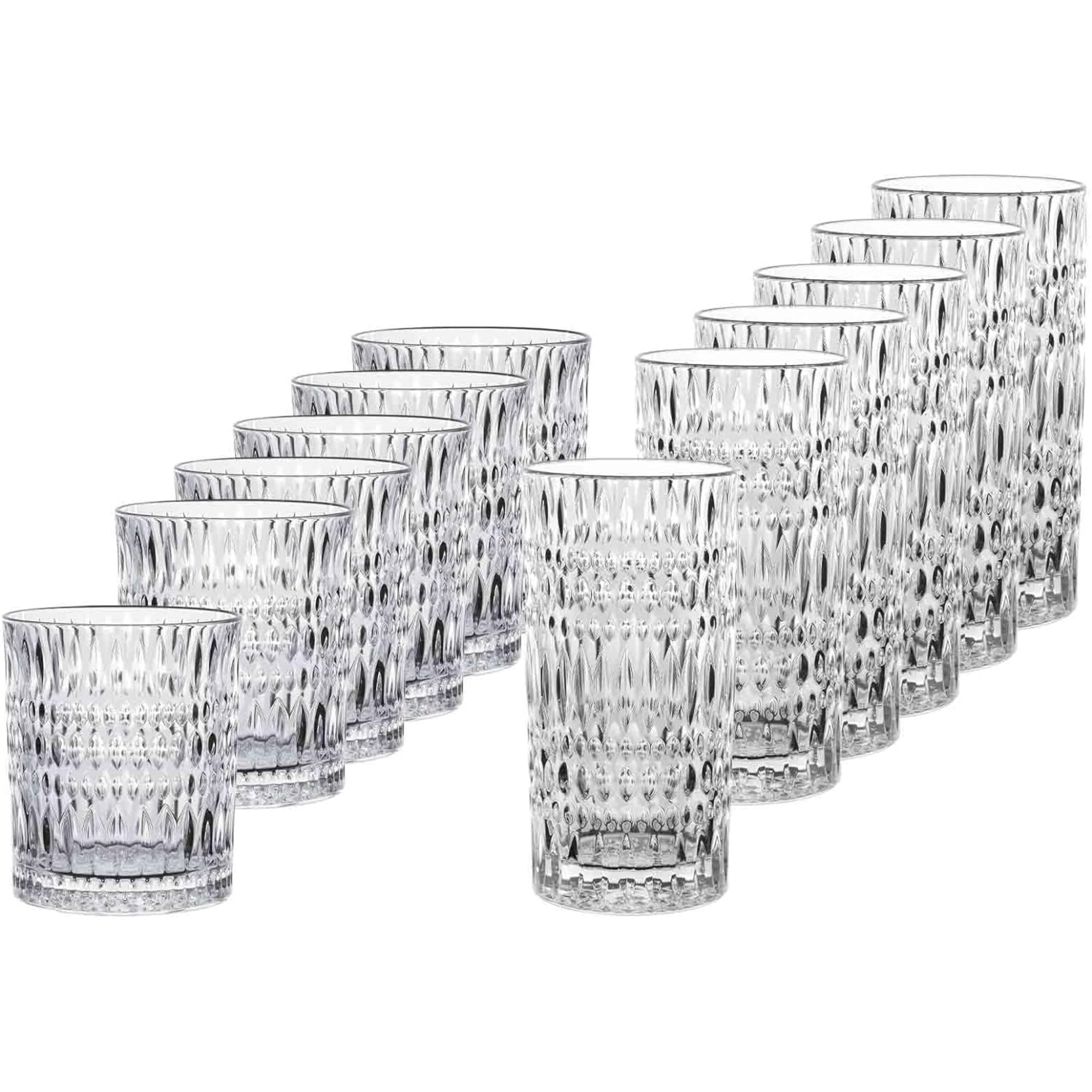 Nachtmann Ethno 12-Piece Crystal Drinkware Set Lead-Free 10 oz Whiskey Tumblers 15 oz Highball Glasses Elegant Barware for