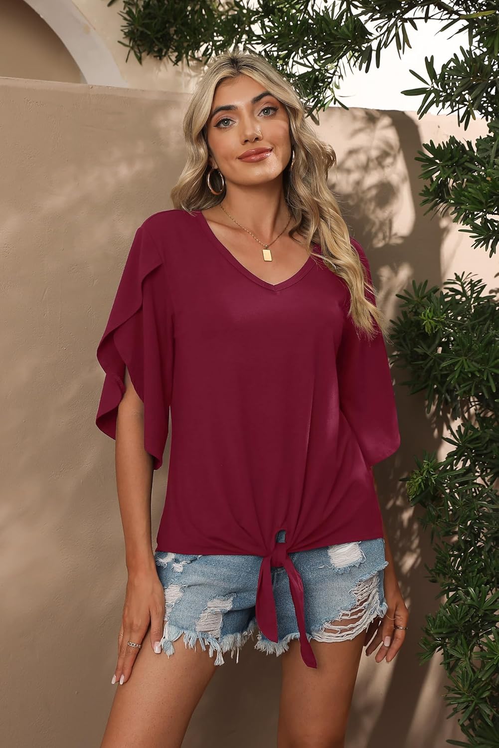 SUEANI Women's Tie Front Blouses V Neck 3/4 Split Sleeve Summer Knot Tops T Shirts - Image 4