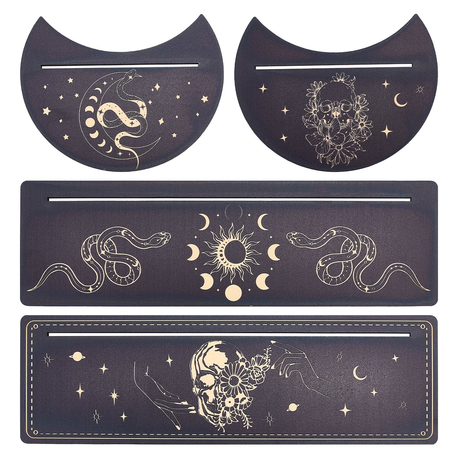 GORGECRAFT 4 Pieces Wooden Tarot Card Stand Holder Moon Phase Snake Skull with Flowers Pattern Tarot Card Black Altar Stand Rectangle Moon Shape Tarot Card Display Holder for Witch Divination Tools