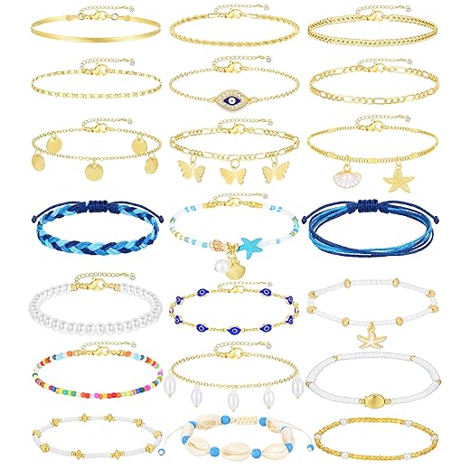 17KM 21PCS Gold Ankle Bracelets for Women, Boho Shell Bead Cuban Link Chain Waterproof Gold Anklets Set, Adjustable Layered Anklets for Women Beach Jewelry Gift