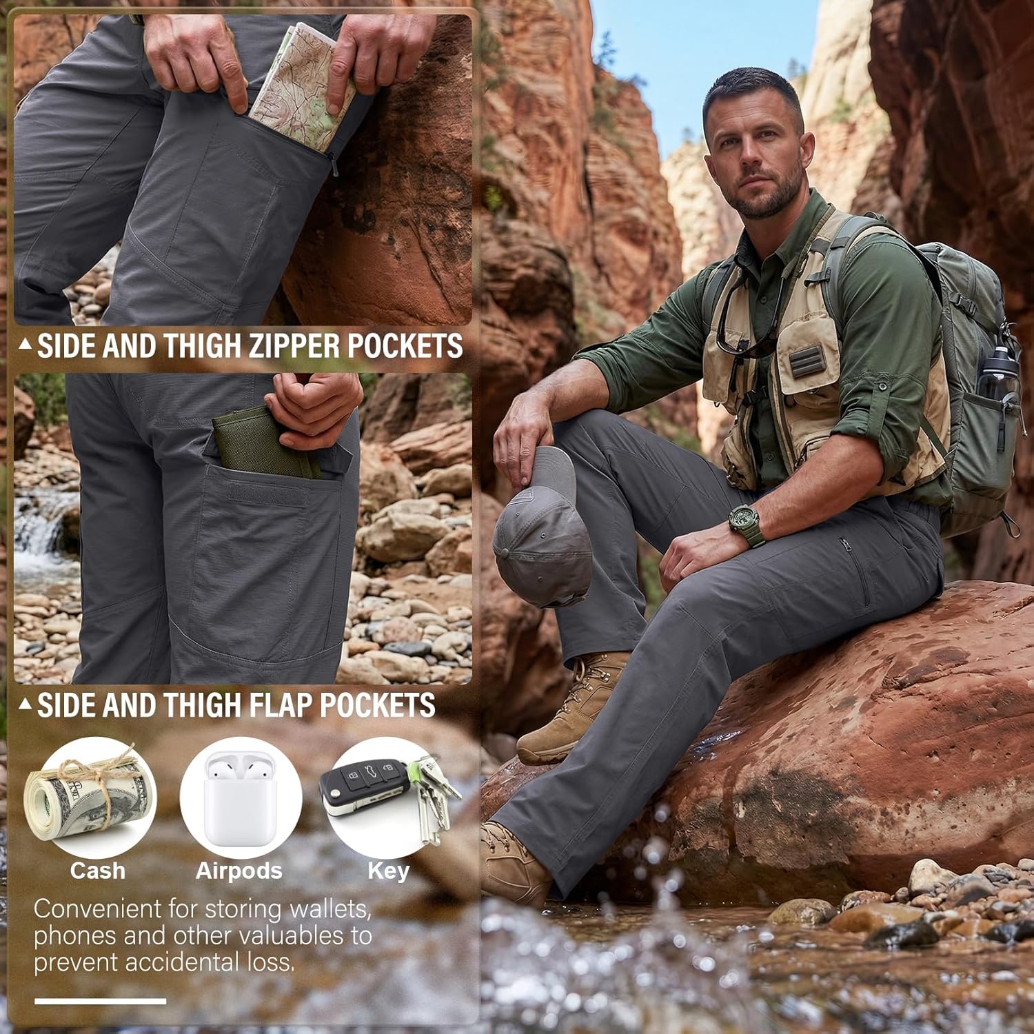 Mens Hiking Pants Lightweight Water Resistant Quick Dry Breathable Nylon Cargo Pants with 6 Pockets