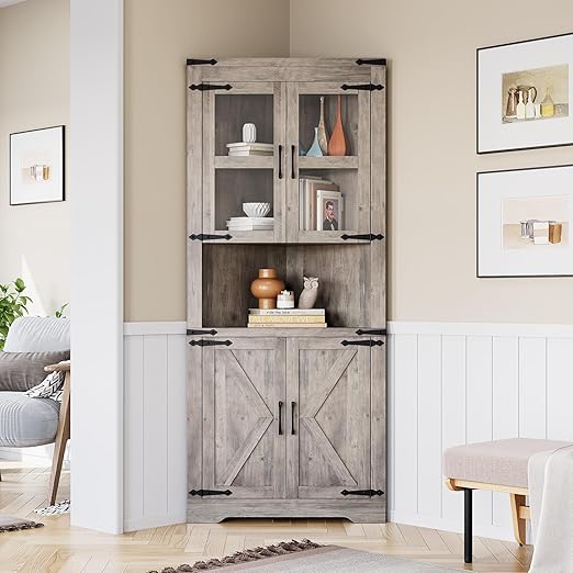 GAOMON Farmhouse Corner Cabinet, Tall Corner Storage Cabinet with Glass Door & Adjustable Shelves, Bathroom Cabinet with Storage for Living Room, Kitchen, Bathroom, Washed Grey