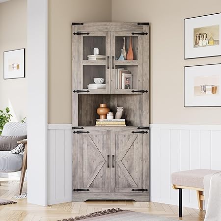 GAOMON Farmhouse Corner Cabinet, Tall Corner Storage Cabinet with Glass Door & Adjustable Shelves, Bathroom Cabinet with Storage for Living Room, Kitchen, Bathroom, Washed Grey