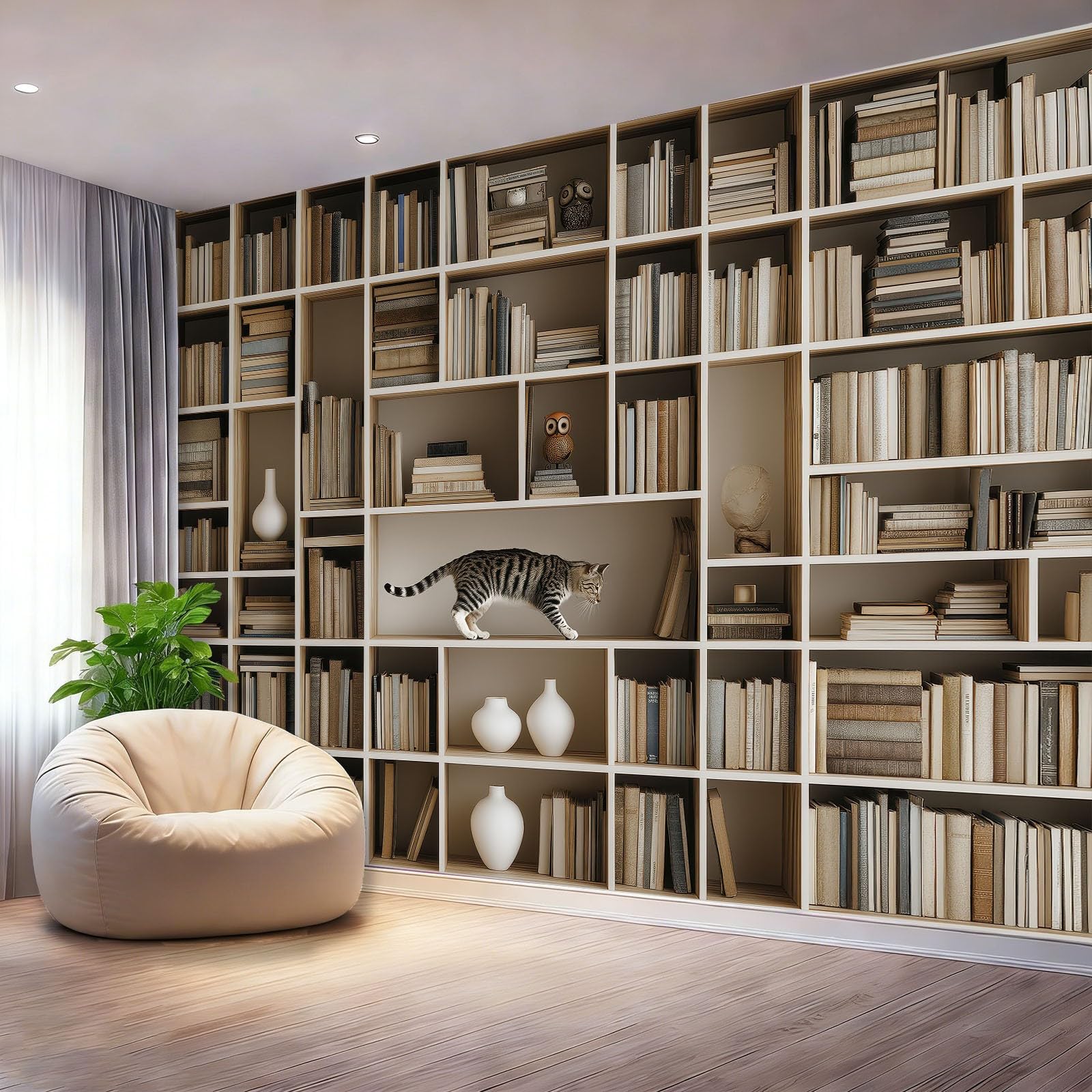 Vlies Fototapete Bücherregal Bücher Tiere Katzen Wohnzimmer Schlafzimmer, Moderner Minimalismus Wandbilder Wand Dekoration Geruchsneutral Vliestapete Wandtapete Poster Für Kindertapete, 350 x 256 cm