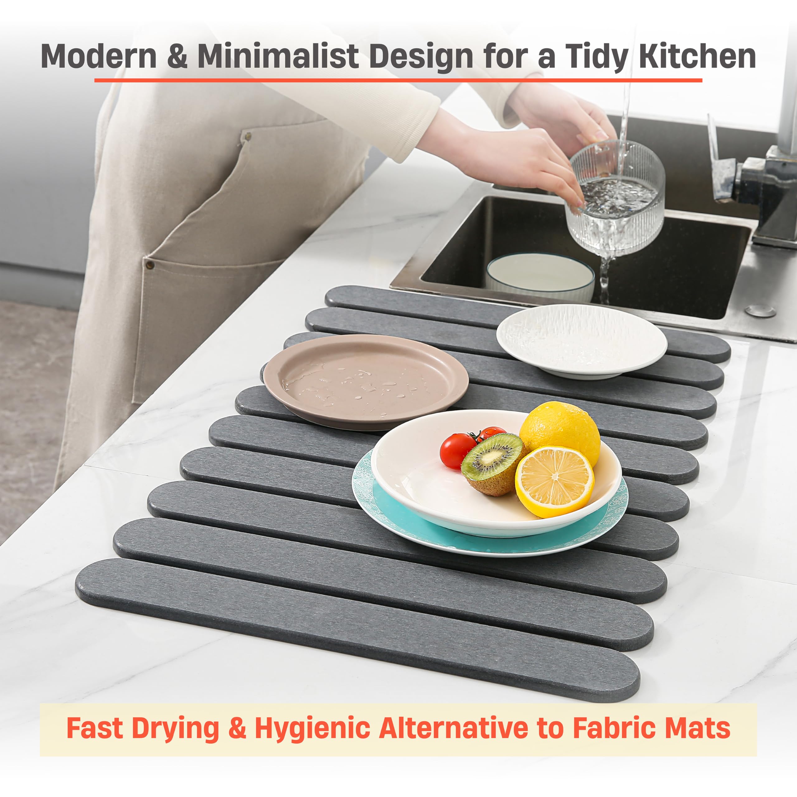Foldable Stone Drying Mat for Kitchen Counter - Super Absorbent Fast Drying Dish Drying Pad, Heat Resistant, Non-Slip Surface, Easy Storage Kitchen Accessory, 24 x 16 Inches