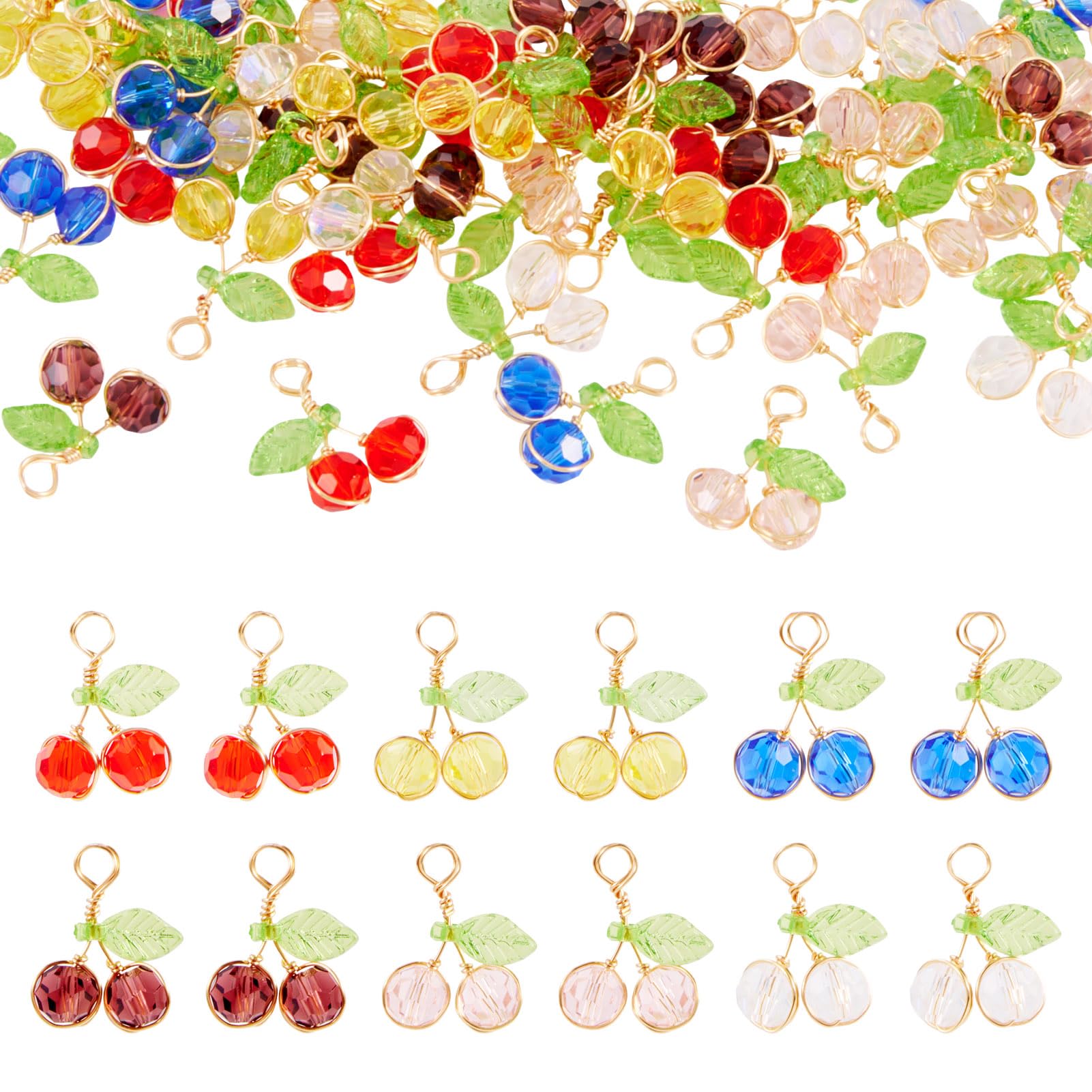 Craftora 60 Pcs Glass Cherry Charms Colorful Mini Cherry Pendants Cute Fruit Berries Faceted Dangle Charms for DIY Crafts Necklace Earrings Jewelry Making