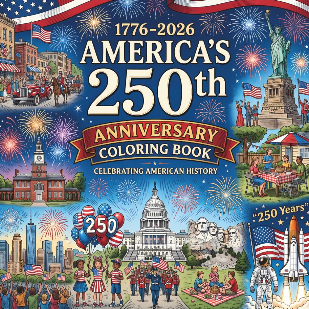 America’s 250th Anniversary Coloring Book: A Patriotic Coloring Celebration for Kids and Adults with Historic Landmarks, National Symbols, and Festive July Fourth Scenes