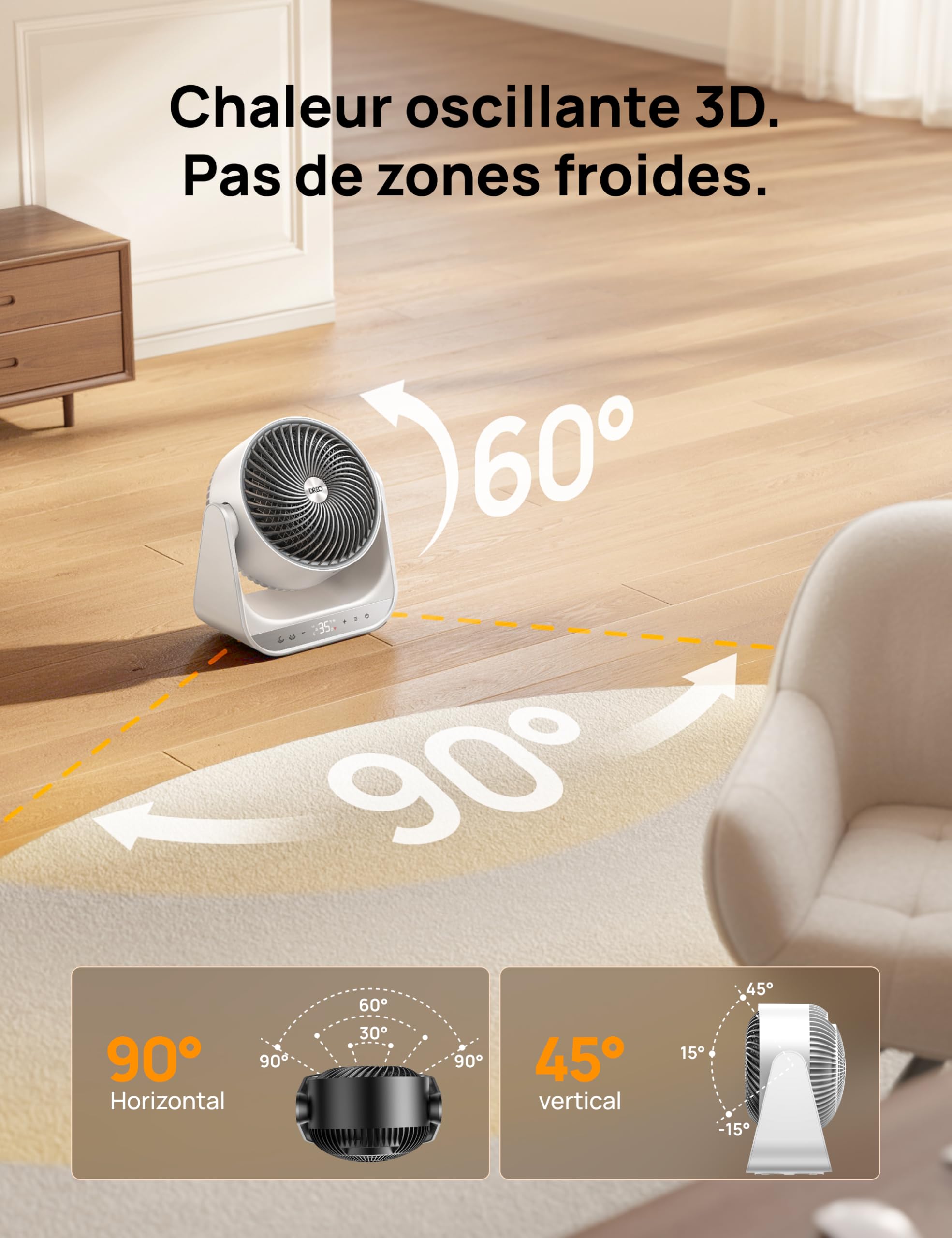 Dreo Chauffage électrique intérieur 2000W avec télécommande et thermostat, 7 modes, protection contre la surchauffe et le basculement, chauffage portable pour toute la pièce, blanc, appareil 714S