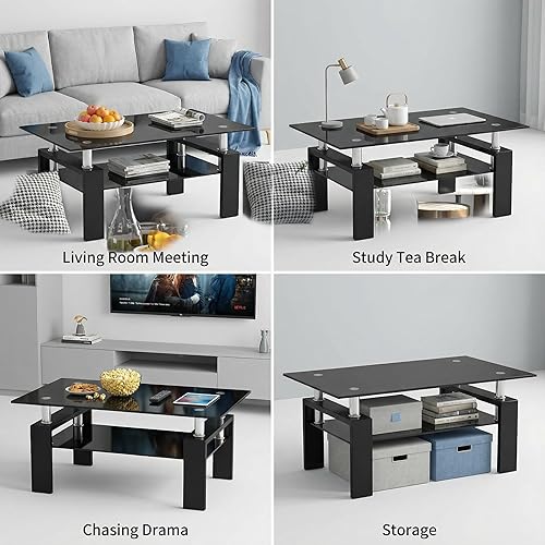 Miniatura 6 de Mesa de centro de vidrio rectangular Meihua de 2 niveles, mesa de té moderna, mesa auxiliar de café para sala de estar (todo negro) Todo