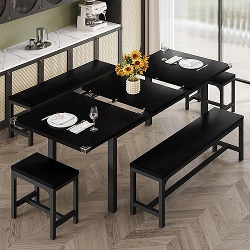 Miniatura 12 de iPormis Juego de mesa de comedor de 5 piezas para 4-8 personas, juego de mesa de cocina extensible con 2 bancos y 2 taburetes cuadrados, mesa de