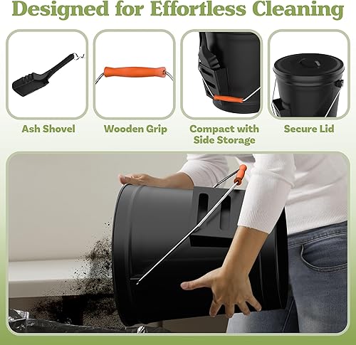 Miniatura 3 de Fresno cubeta con tapa y pala para chimenea – Gran estufa de leña