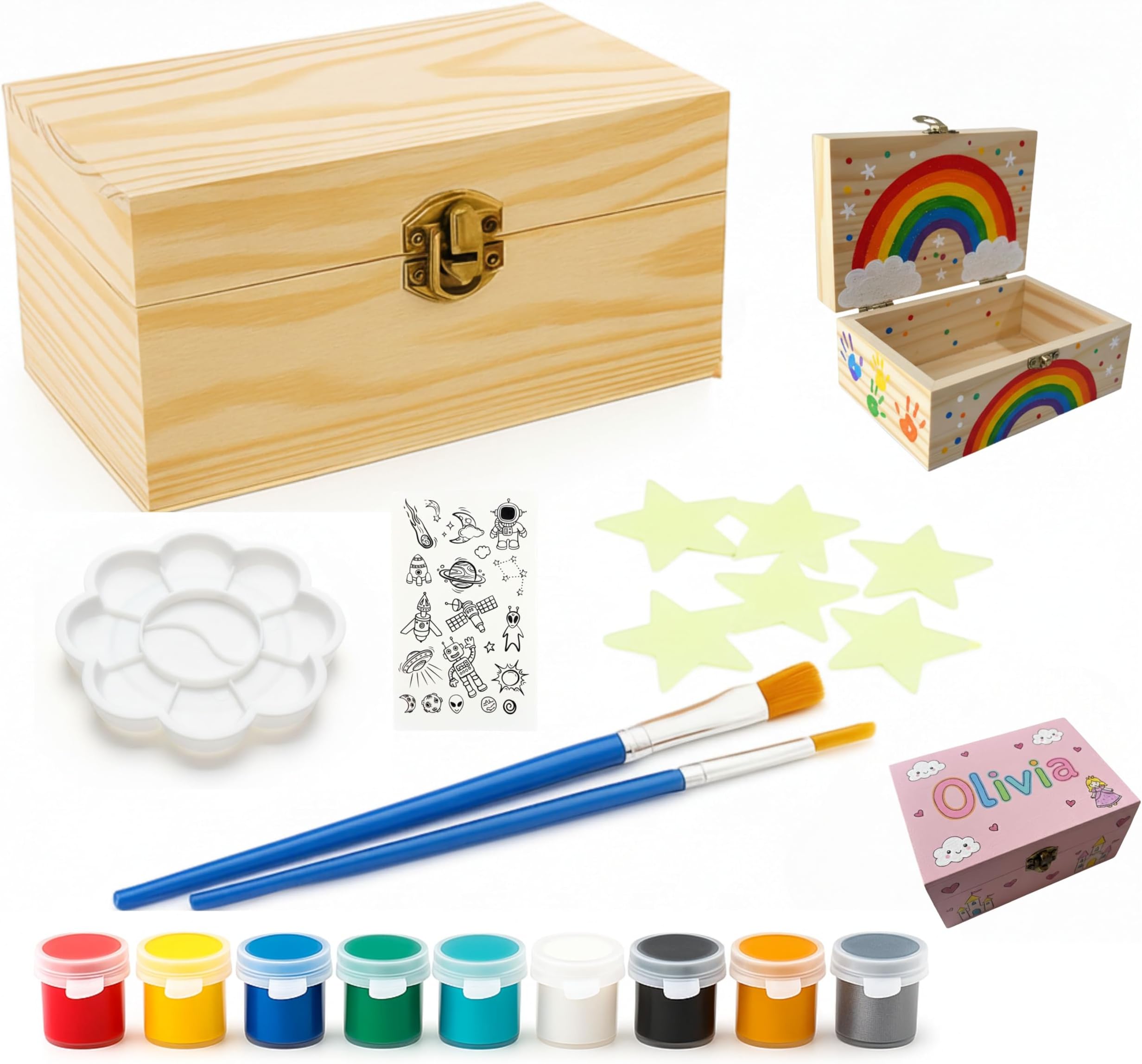 PlumoToys All-In-One DIY Wooden Box Painting Kit for Kids Gift for Boys and Girls of All Ages, Use as Memory, Halloween, Jewelry, Birthday or Christmas Activity Kit