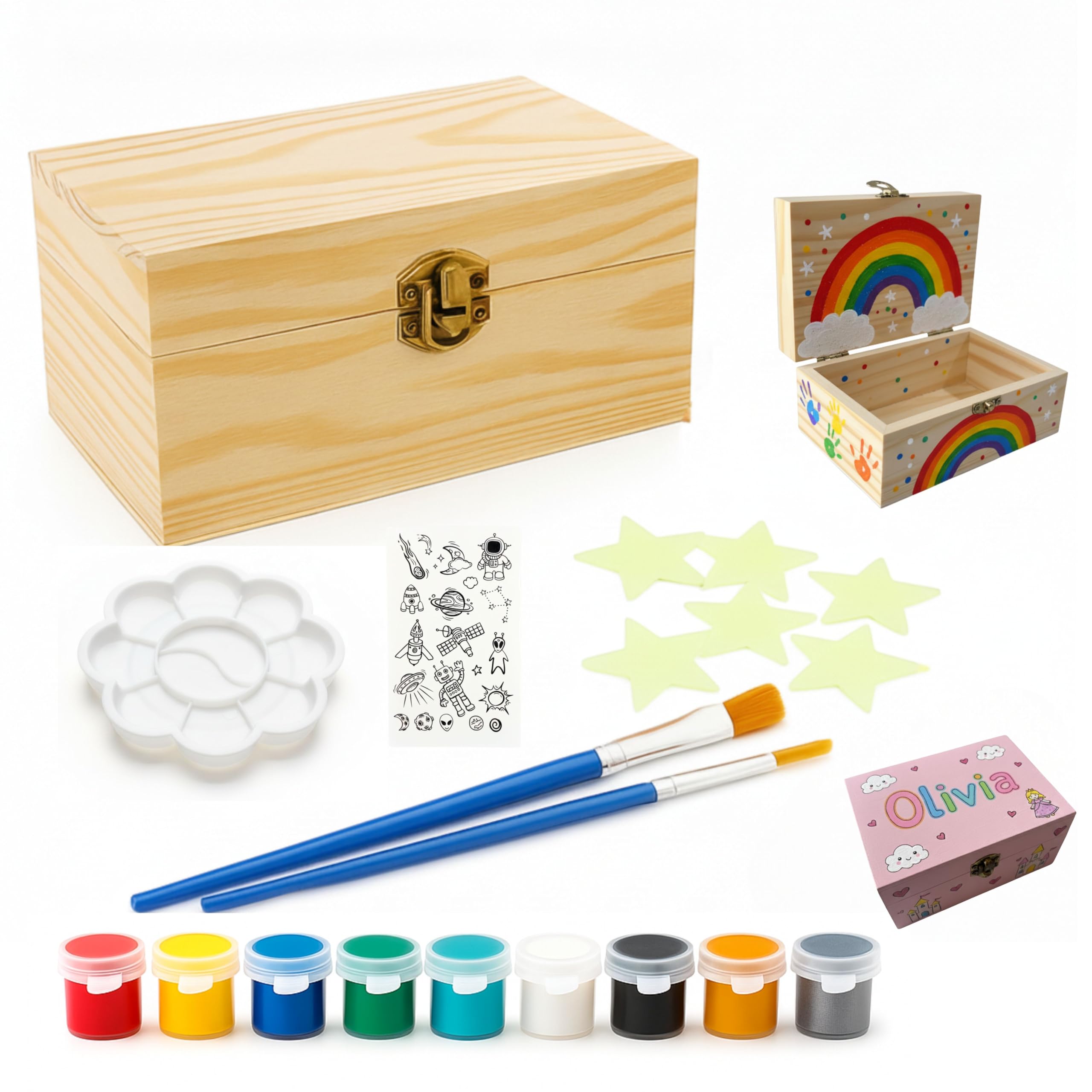 PlumoToys All-In-One DIY Wooden Box Painting Kit for Kids Gift for Boys and Girls of All Ages, Use as Memory, Halloween, Jewelry, Birthday or Christmas Activity Kit