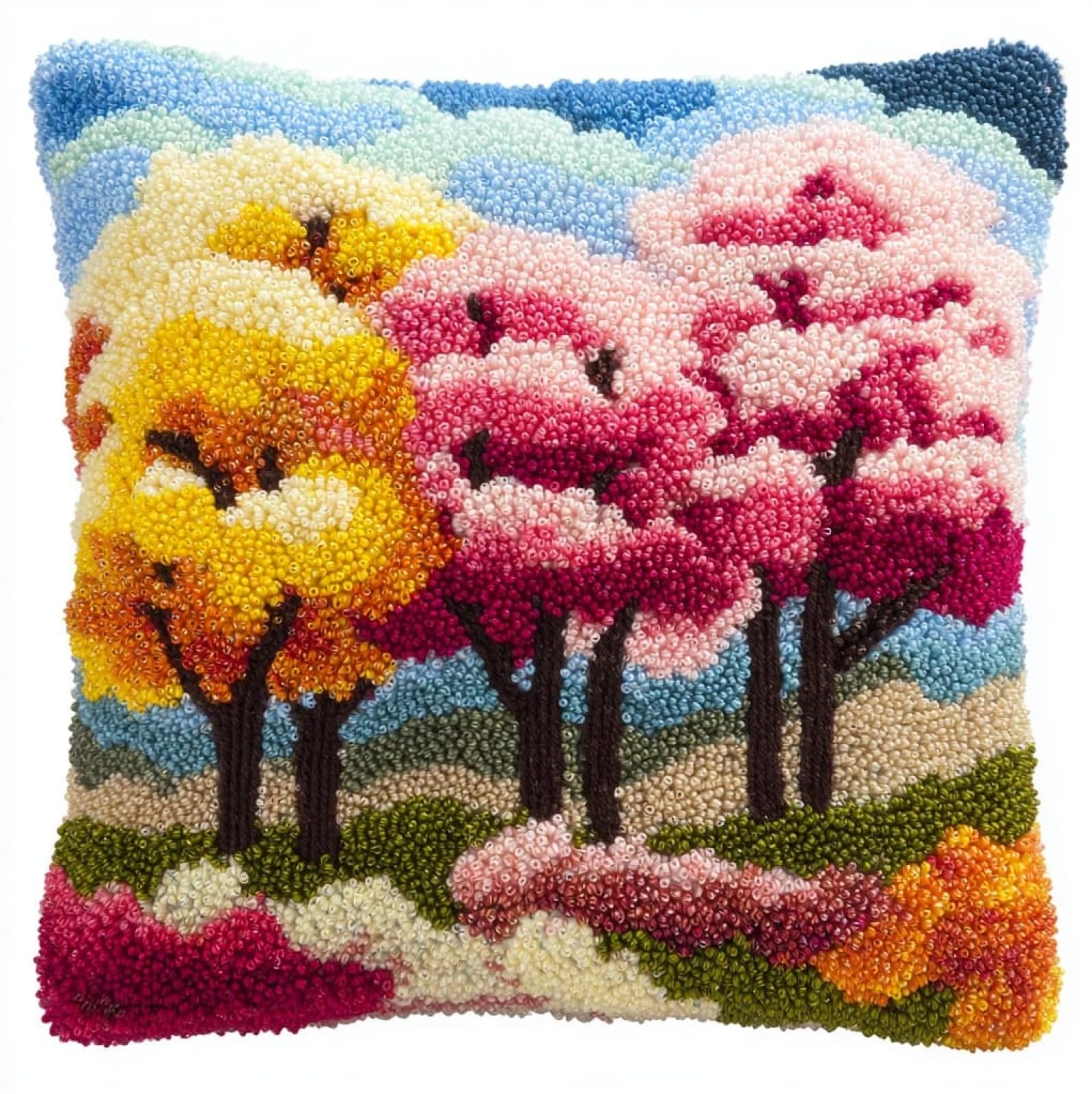 AxiangziK Latch Hook Cushion Kit 43x43cm,Flowering Trees Complete Needlecraft Set with Pre-Cut Yarn & Tools,Creative Home Decor Gift for All Ages