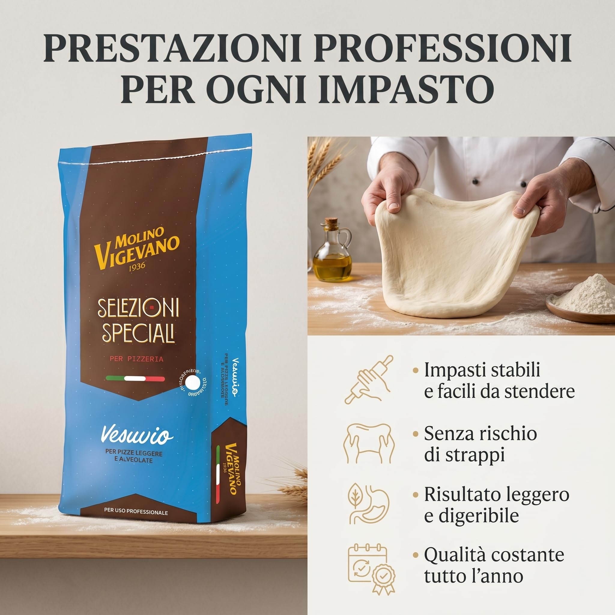 Molino Vigevano | Vesuvio Farina 0 Ideale per Pizza e Preparazioni a Media Lievitazione e Pizza Napoletana Contemporanea (10 kg)
