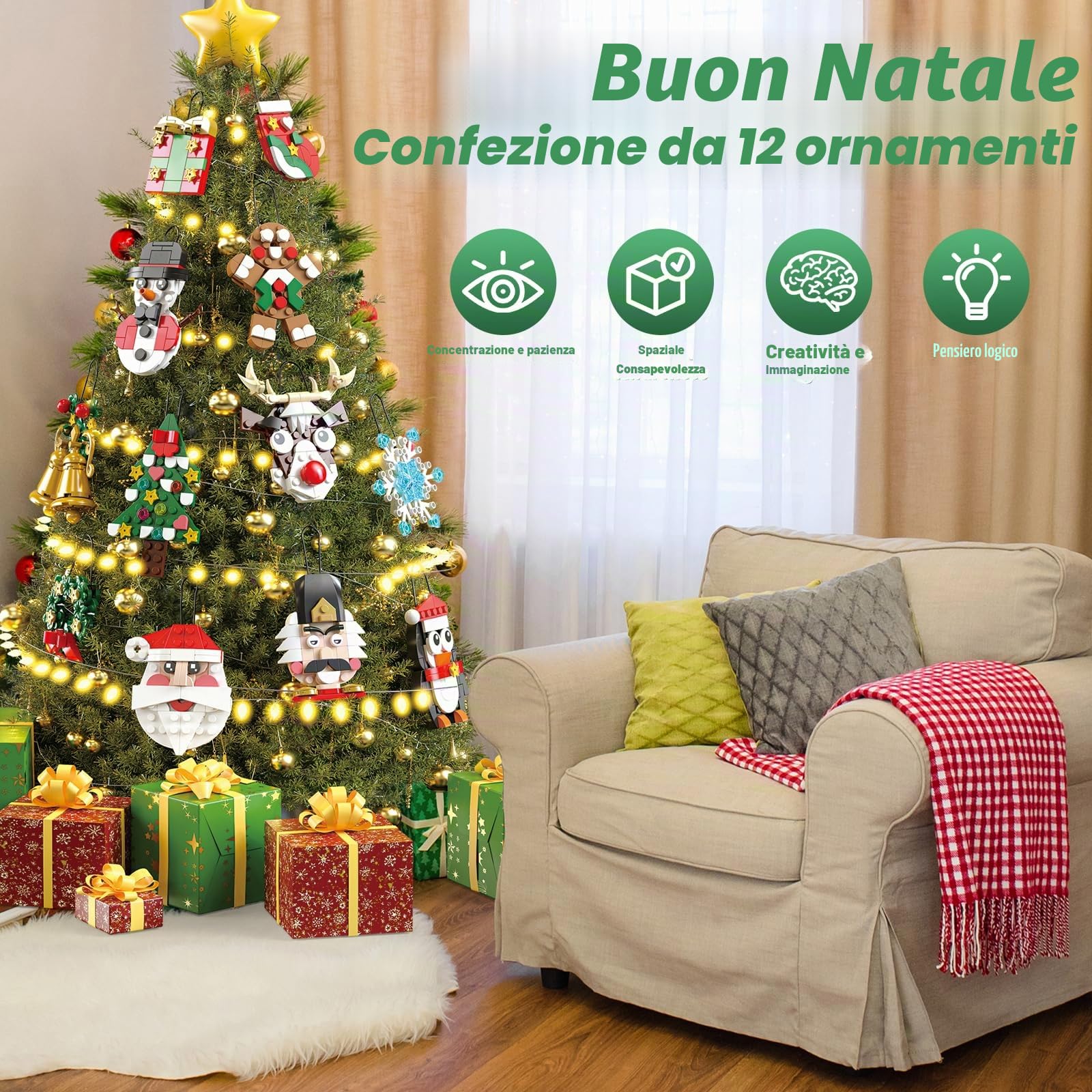 Calendario Avvento 2025 per Bambini, Set di Blocchi di Costruzione Ornamenti Natalizi - 12 Pezzi di Blocchi Natalizi con Babbo Natale e Pupazzo di Neve, Regalo per Bambini dai 6 anni in su