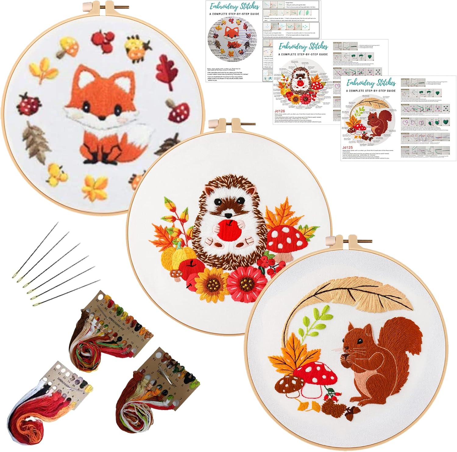 Louise Maelys 3 Set Animal Embroidery Kits for Beginners with Autumn Squirrel Hedgehog Fox