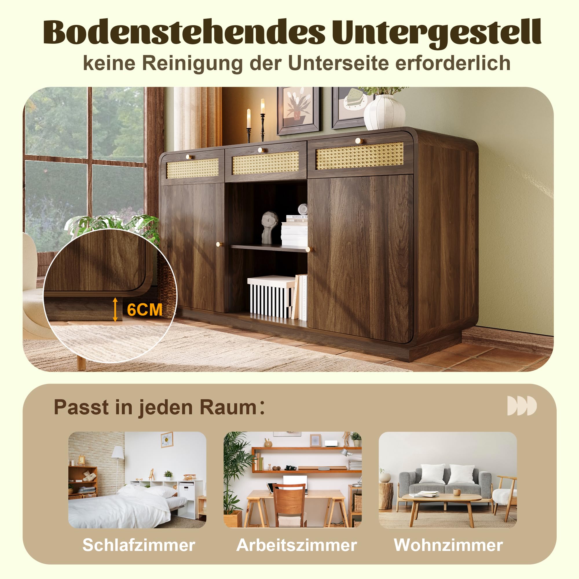 BTM Commode Sideboard 120cm Noyer, Armoire À Tiroirs avec Rotin & Poignées Dorées, 3 Tiroirs + 2 Armoires + Rangement Ouvert, Étagères Réglables, H85/B120/T40cm