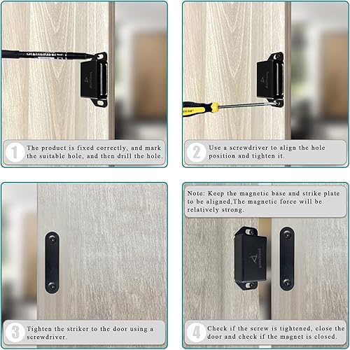 Miniatura 2 de Pestillo magnético para gabinete, cierre magnético negro para puerta de 20 libras, paquete de 8 tornillos de acero inoxidable para superficie