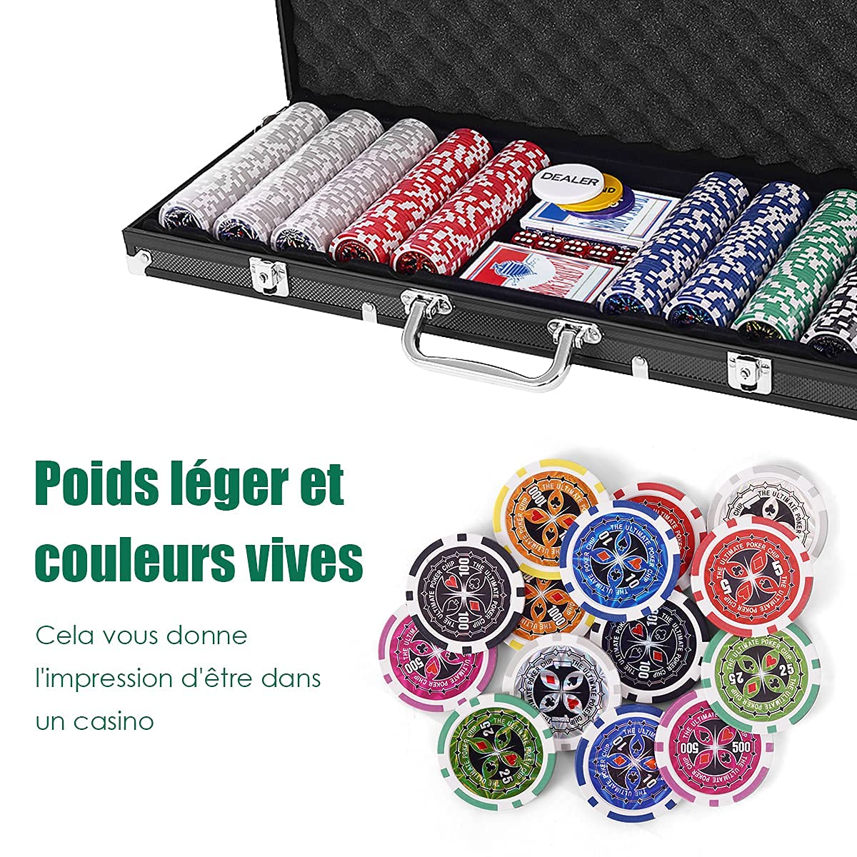 GOPLUS Maletín de póker de Aluminio Profesional con 500 fichas y 2 Juegos de Tarjetas, 3 Dealers, 1 Alfombra, Juego de Poker de Estilo Casino, Juego de póker para casa y Casino (Negro)