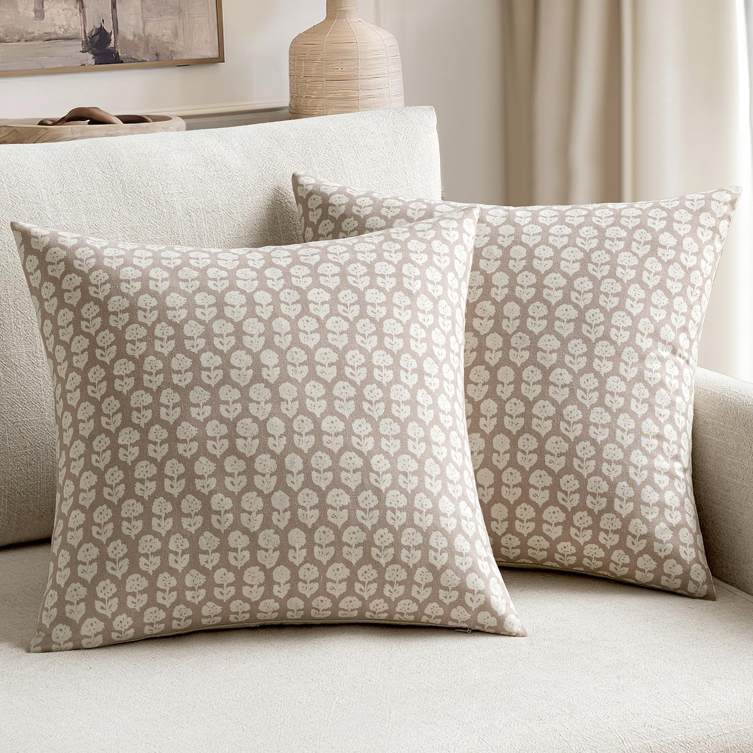 MIULEE Block Print Pillow Covers 18x18 Inch Set of 2, Vintage Floral Throw Pillow Cases Neutral Linen Farmhouse Cushion Covers for Couch Sofa Bed Chair Living Room, Cream Oatmea - Image 5