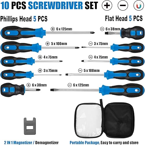 Miniatura 2 de VHEONET Juego de destornilladores magnéticos, 10 unidades, 5 destornilladores Phillips 5 de cabeza plana, agarre de cojín profesional y