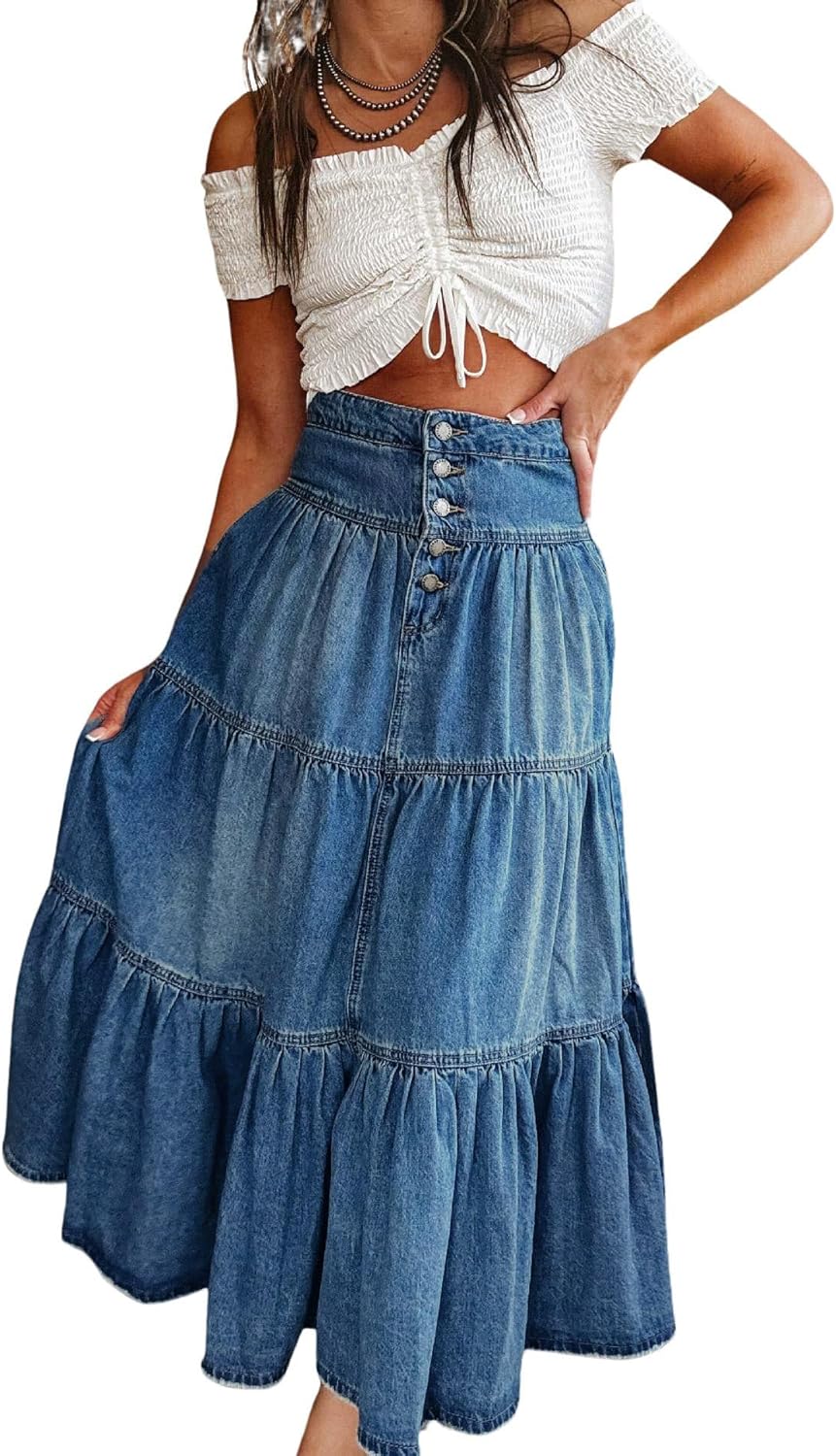 utcoco Women's High Waist Long Denim Skirt Button-Fly Tiered Ruffle Swing A-Line Jean Maxi Skirt with Pockets