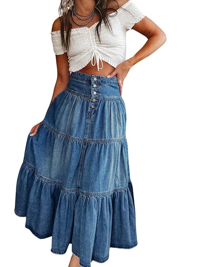 utcoco Womens High Waist Long Denim Skirt Button-Fly Tiered Ruffle Swing A-Line Jean Maxi Skirt with Pockets