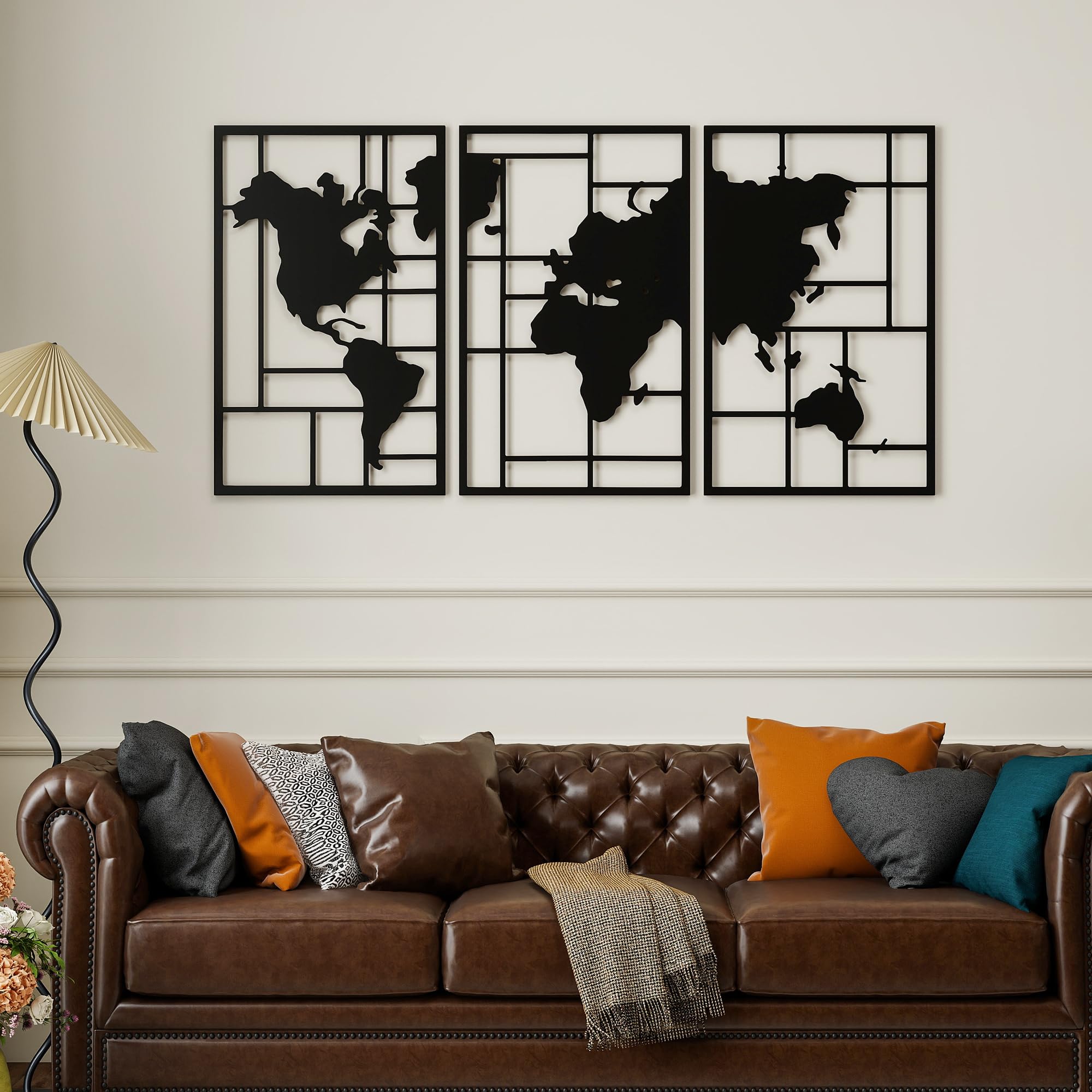 HOMCOM Decoración de Metal para Pared de Mapa Mundial, 3 Piezas, Negro | Adornos de Pared Metálicos, para Salón, Dormitorio, Pasillo
