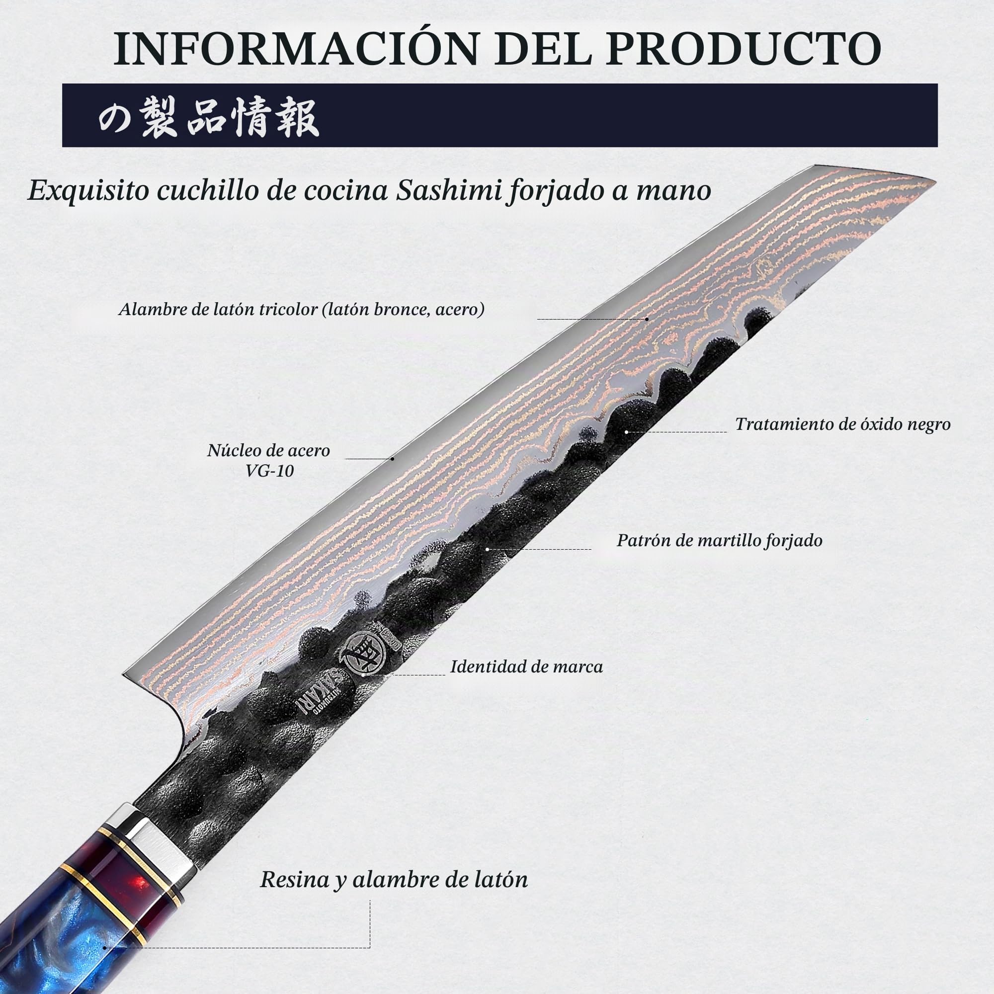 MITSUMOTO SAKARI Cuchillos Japoneses Sushi, 21 cm Cuchillo Yanagiba | Damasco Tricolor de Cobre Forjado a Mano, Cuchillos Cocina Profesional para Sashimi, Mango de Resina Azul y Caja de Regalo