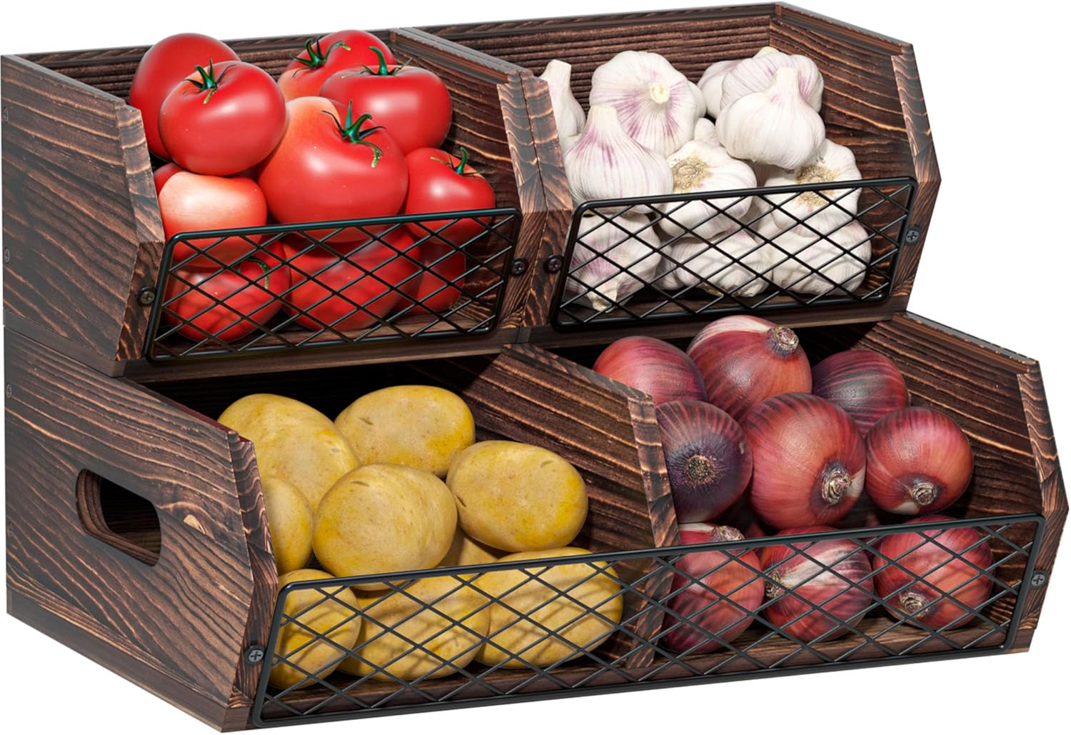 Wood Potato and Onion Storage Bins, Stackable Pantry Organizer Bins, Pantry Baskets for Organizing, Rustic Produce Storage Containers for Vegetable, Fruit and Snack