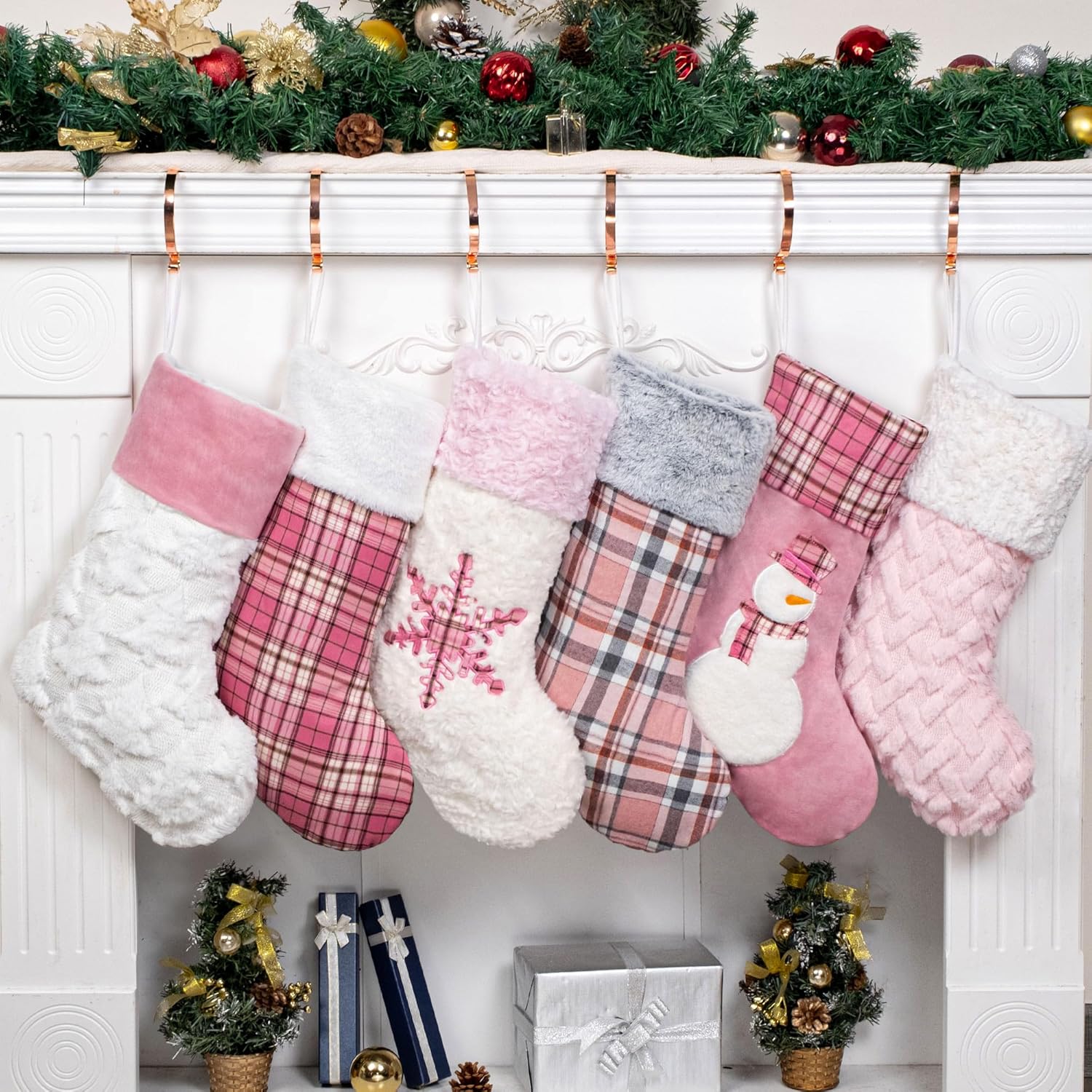 GEX Pink Plush Christmas Stockings for Family 20" Large Pink Plaid Xmas Stockings Classic Fireplace Decorations Hanging Ornament (6 Pack)