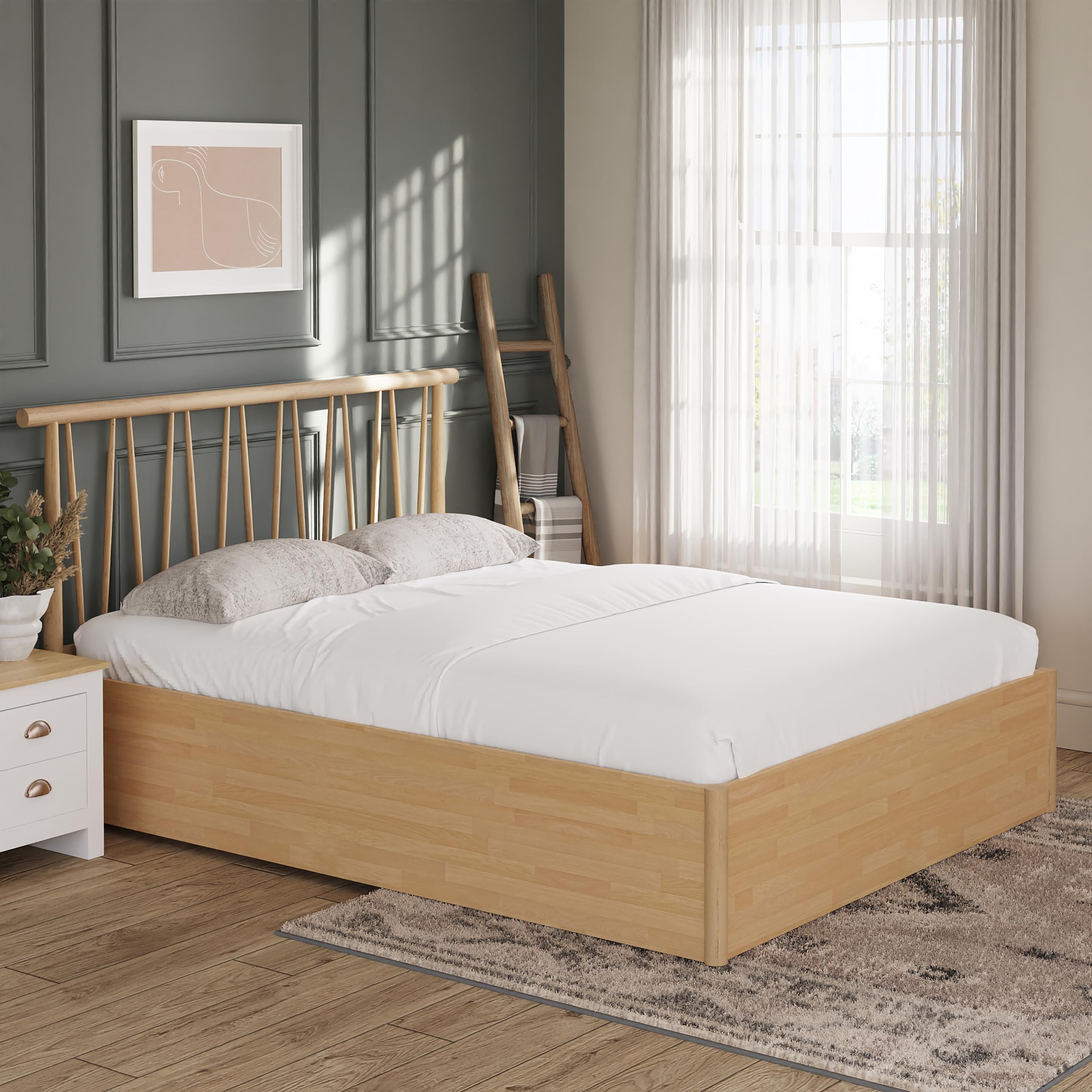 GFW Fusum Spindle Ottoman Lift Up Storage Bed Gas Lift 5ft King Size Bedroom Oak