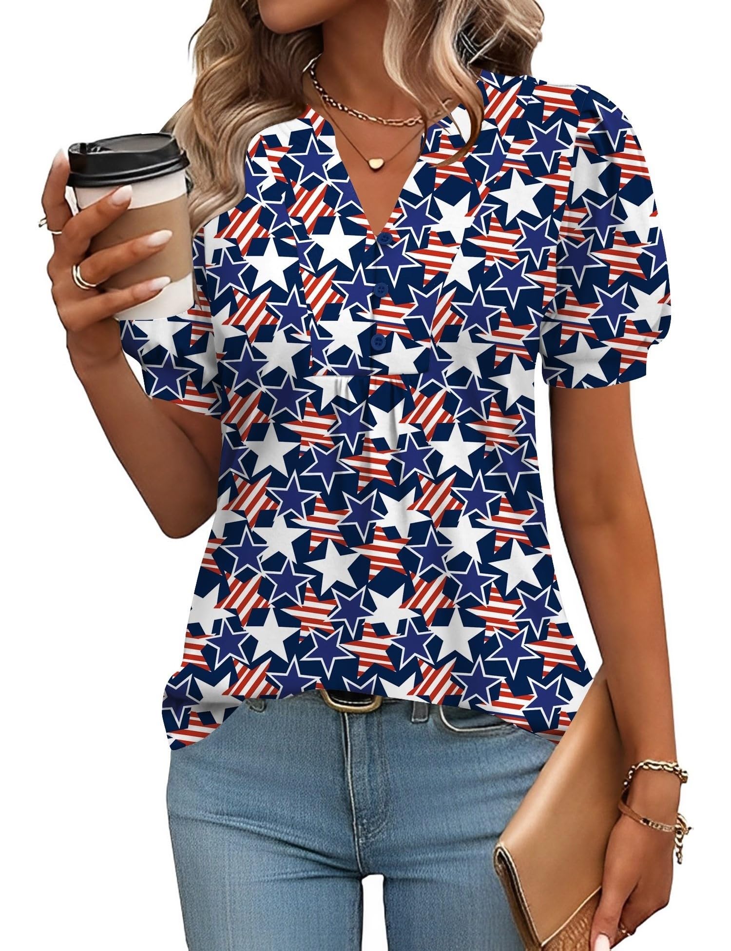 IECCP Womens Tops Puff Short Sleeve Shirts Dressy Casual Henley V-Neck Summer Tops Pleated T-Shirts Loose Fit Tunic Blouses