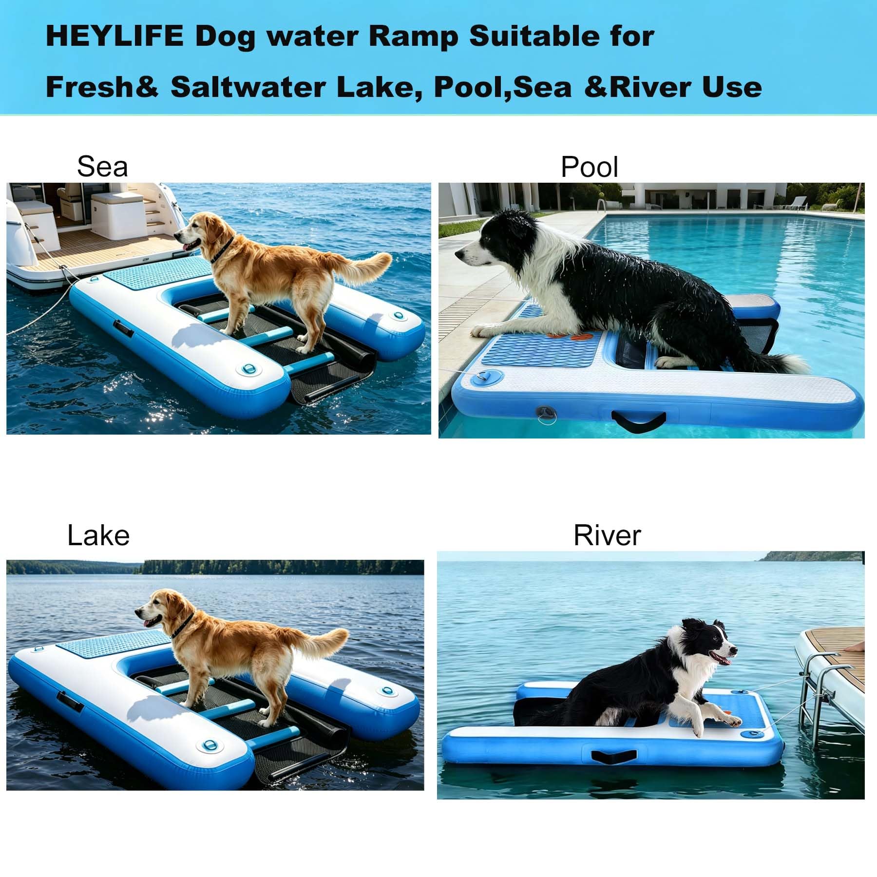 Hunderampe Aufblasbare Hunde Wasserrampe, Hundeboot Rampe Schwimmende Dock Leiter für Pool, Boot, See, rutschfeste Eva-Schwimmleiter für Hunde bis zu 100 kg tragbarer Hundesteg mit Pumpe