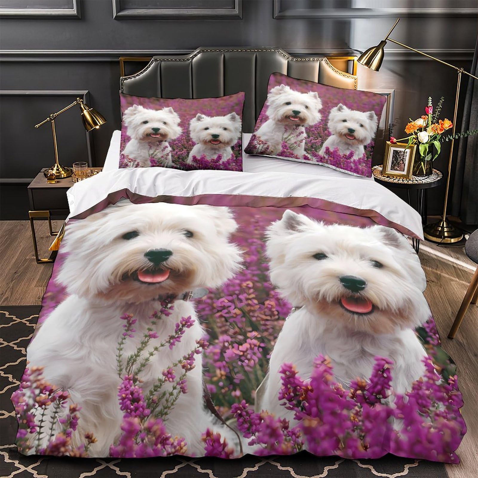Parure de lit hypoallergique chien blanc housse de couette anti-acarien